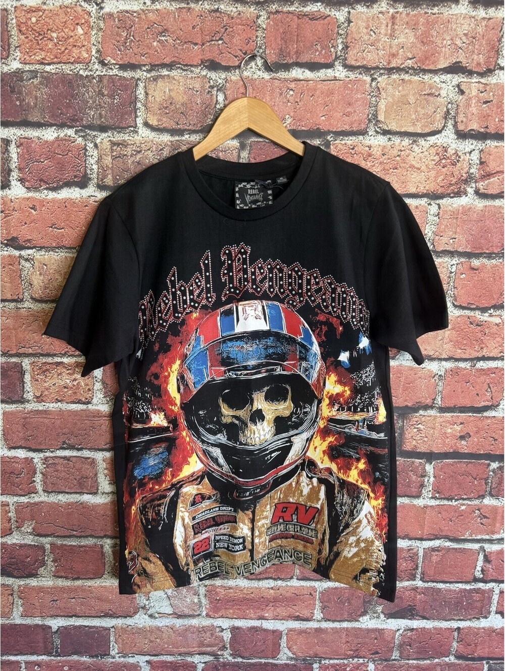 Rebel Vengeance Mens Black Skull Racer Motorsports All-Over Graphic Size Medium